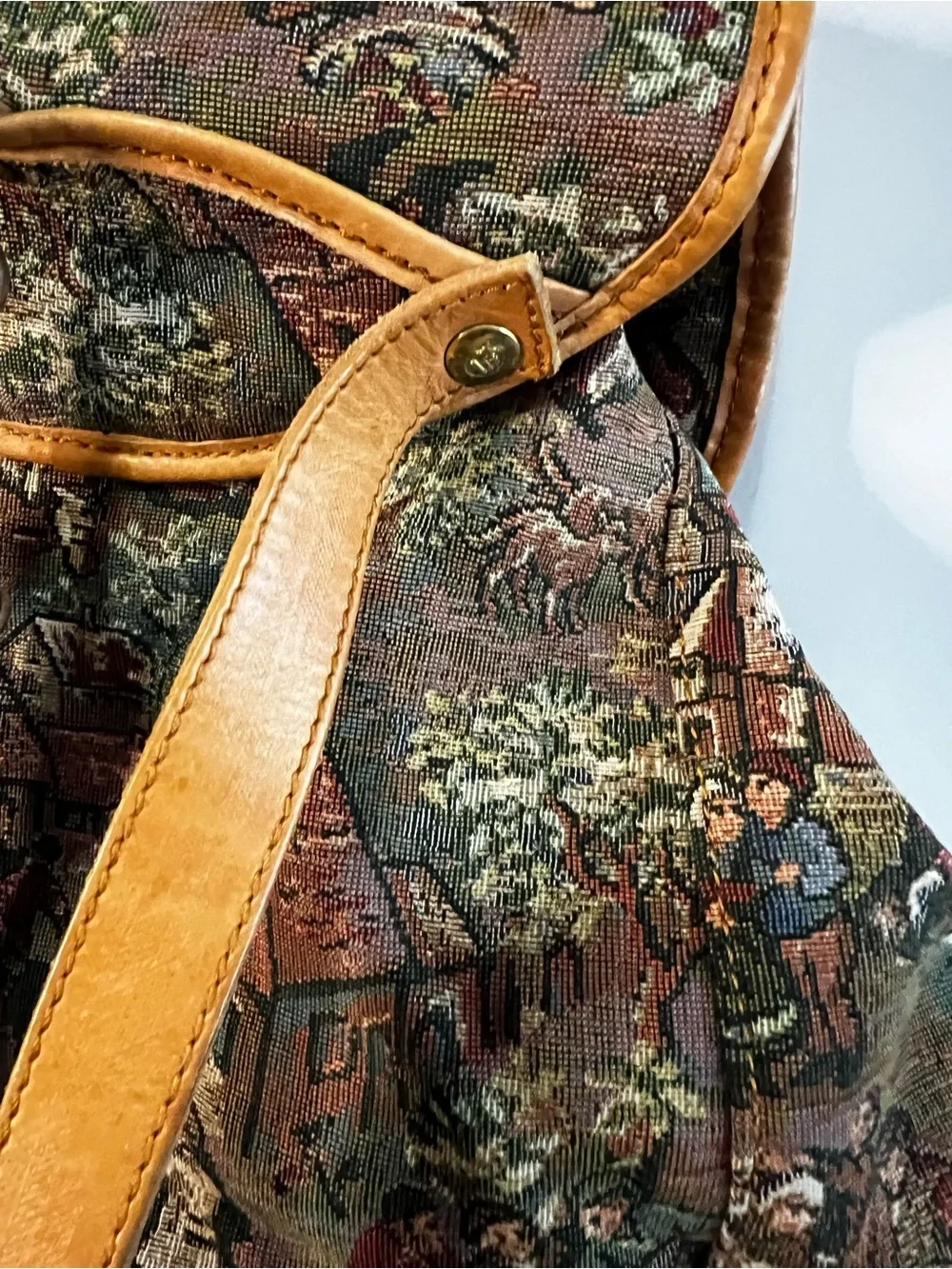 Gobelins Art Vintage 90s Tapestry Boho Drawstring Backpack Satchel w/ Pouch